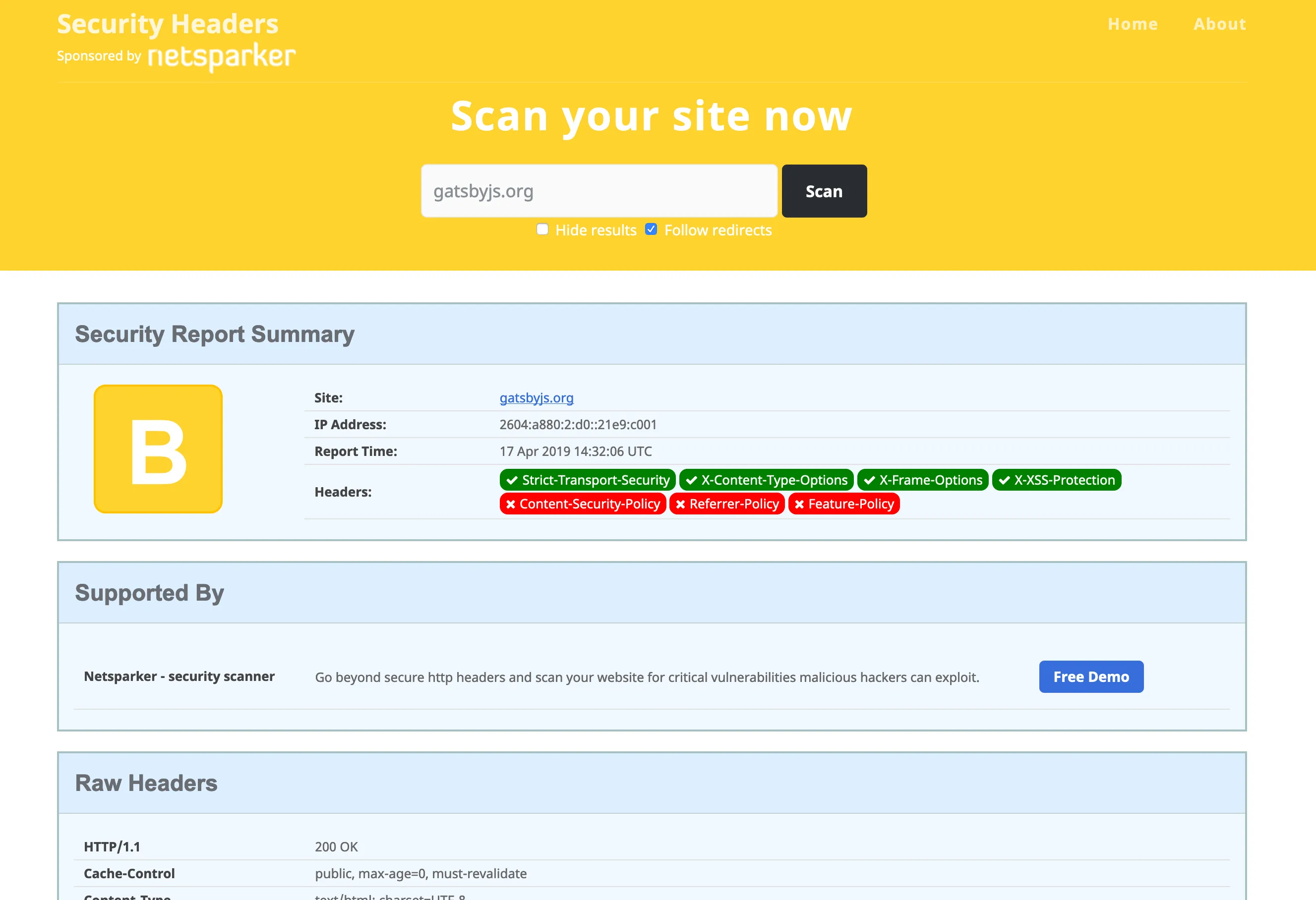 Gatsbyjs.org security headers report before